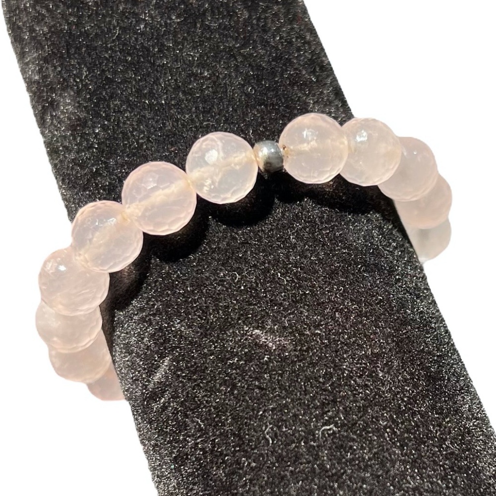 VINTAGE FACETED ROSE QUARTZ 10MM BEADS W SILVER TONE BEADS STRETCH BRACELET